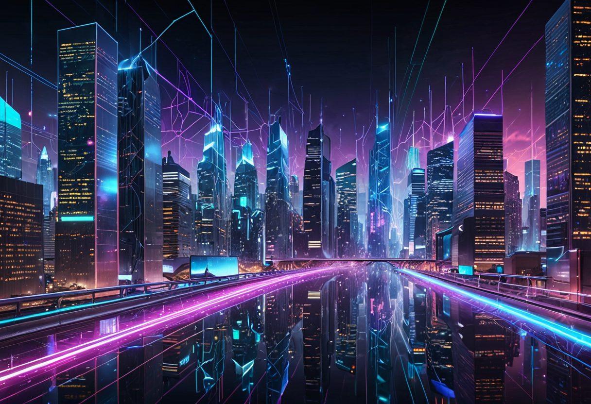 A dynamic, futuristic cityscape with interconnected data streams flowing between towering skyscrapers, representing the transformation of online solutions. Highlighted buildings symbolize various web services, illustrating efficiency and success. The background features a digital network grid and holographic interfaces. neon colors. cyberpunk. super-realistic.
